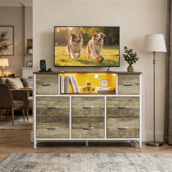 Betcozy LED TV Stand for 50/55 inch TV, Dresser with 8 Fabric Drawers, Entertainment Center with Open Storage Shelves & Power Outlet, Tall Storage Chest for Bedroom, Living Room, Smook ash