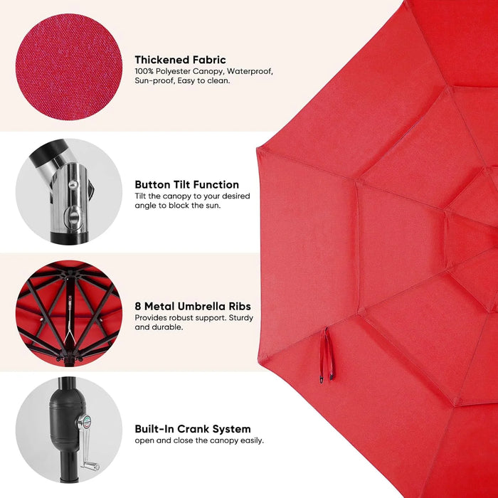 Sybels 9.2FT Solar Patio Umbrella with 32 LED Lights, 3-Tier Tilt, Outdoor Market Umbrella for Backyard, Beach, Garden, Red