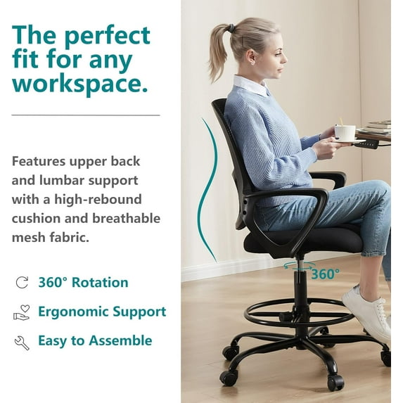 Ergonomic Tall Drafting Chair, Height-Adjustable Office Desk Chair with Fixed Armrests, Lumbar Support, Footrest & Rolling Wheels for Standing Desk