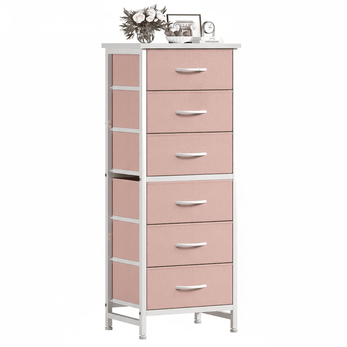 Betcozy 6-Drawer Tall Storage Dresser, Narrow Closet Organizer Cabinet & Space-Saving Bedroom Dresser, Steel Frame, Wooden Top, Pink