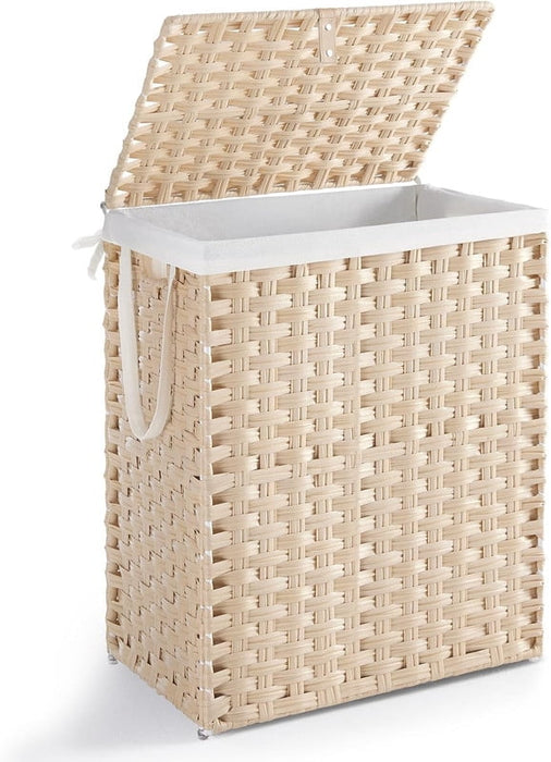 Simenmax 90L Foldable Laundry Hamper with Lid, Woven Laundry Basket with Removable Washable Liner, Rattan Clothes Hamper Sturdy Steel Frame Rattan Basket, Sand