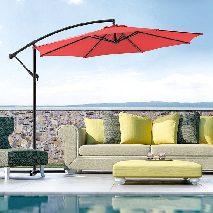 Simenmax 9.8FT Offset Cantilever Patio Umbrella, Heavy Duty Outdoor Hanging Market Umbrella with Crank Lift for Backyard, Pool, Garden, Deck (Red)