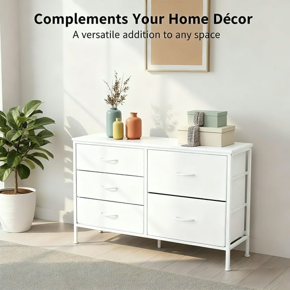 Betcozy Dresser, Storage Organizer with 5 Drawers for Bedroom, Chest of Drawers with Fabric Bins, Sturdy Metal Frame, Wood Tabletop for Guest Room, Closet, Entryway, Nursery, White
