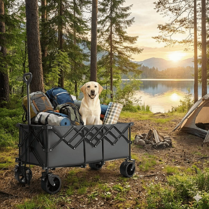 Taoset Foldable Camping Wagon with 48" Cargo Platform, 440lbs Heavy Duty Collapsible Extended Utility Cart with All Terrain Wide Wheels & Brakes, Large Capacity Beach Wagon for Camping, Black
