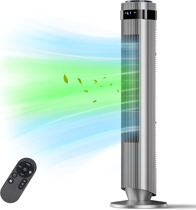 Simenmax Tower Fan, 36'' Bladeless Floor Fan with Remote, 12H Timer, 5 Speeds & 4 Modes, 28dB Quiet Standing Fan for Bedroom, Home, and Office,Silver