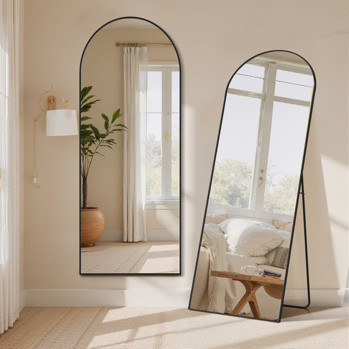 Simenmax 64''x21'' Arched Full Length Mirror with Stand, Aluminum Frame Floor Mirror for Cloakroom, Hallway, Black
