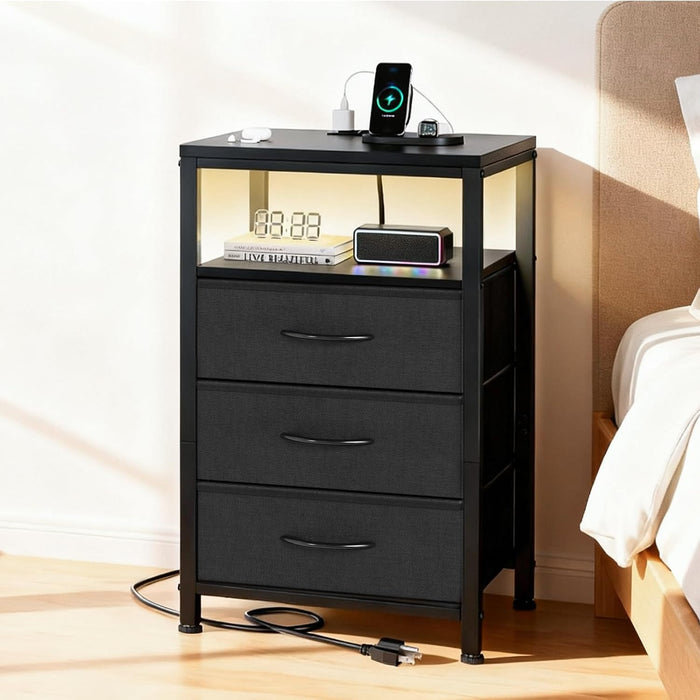 Bigleap Nightstand with Charging Station, 3-Drawer Bedside Table with USB/Type-C Ports, AC Outlets & LED Light Strip, Adjustable Feet, Black