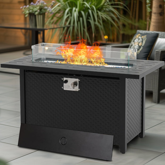 Betcozy Propane Fire Pit 45 Inch Rectangle Outdoor Gas Fire Pits, 50,000 BTU Fire Table with Steel Tabletop, Glass Wind Guard, Blue Glass Stone and Waterproof Cover for Outside Patio, Garden, Deck, Yard