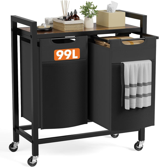 Simenmax Laundry Hamper, 99L Large Double Laundry Basket, Freestanding Laundry Sorter Organizer 2 Section with Top Shelf & 2 Removable Washable Bags for Dorm
