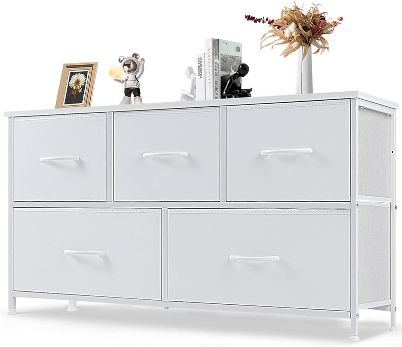 5 Drawer Dresser, Wide Chest Of Drawers Nightstand Storage Tower Storage Dresser Fabric Dresser With Wood Top for Living Room, Bedroom, Hallway, Nursery, White