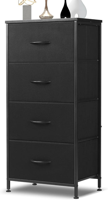 4 Drawer Dresser, Tall Chest Of Drawers Nightstand Storage Tower Storage Dresser Fabric Dresser With Wood Top for Living Room, Bedroom, Hallway, Nursery, Black