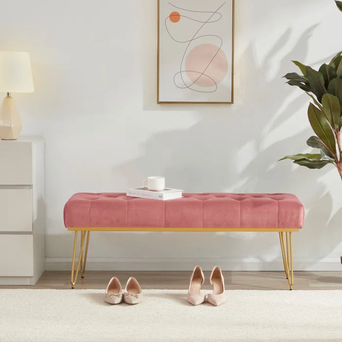 45" Bench for Bedroom, Velvet Upholstered Bench Modern Ottoman End of Bed with Metal Legs(Pink)