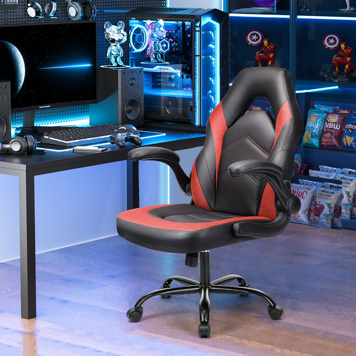 Simenmax Gaming Chair, Ergonomic Office Leather Racing Chair with Flip-up Armrest, Black Red