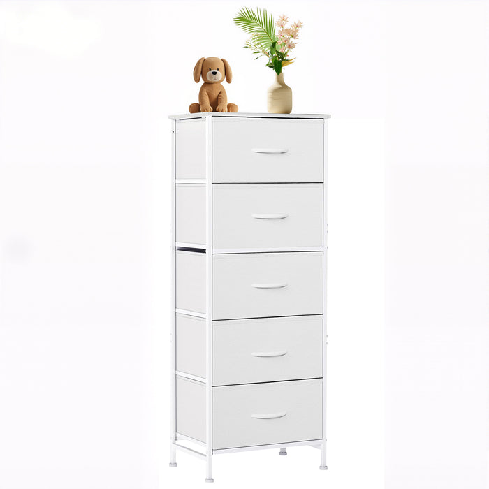 Bigleap 5-Drawer Dresser，5 Drawer Nightstand with Wood Top & Fabric Bins - Slim Storage Cabinet for Bedroom, Closet, Living Room,White