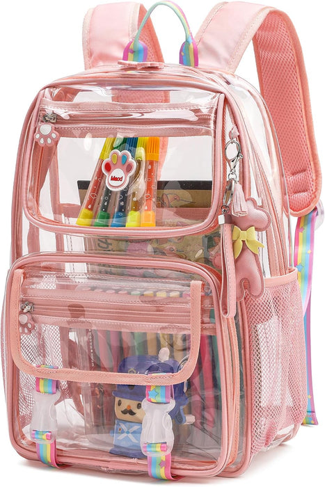 Clear Backpack for Girls, Cute Transparent Heavy Duty Stadium Approved PVC Kids Schoolbag Book Bags With Free Pendant As Gift, Pink