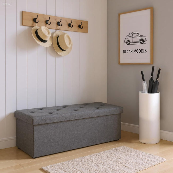 【Foldable Design】Sybels 43 in Storage Ottoman Bench, Padded Seat Foot Rest Stool, End of Bed Storage Chest for Bedroom & Living Room, 660lbs Capacity, Gray