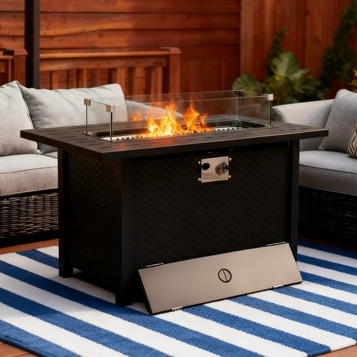Dozzle 45" Square Propane Fire Table | 50,000 BTU High-Output Patio Heater with Tempered Glass Wind Guard & Sapphire Fire Glass, Durable Steel Tabletop & Weatherproof Cover for Patio, Deck