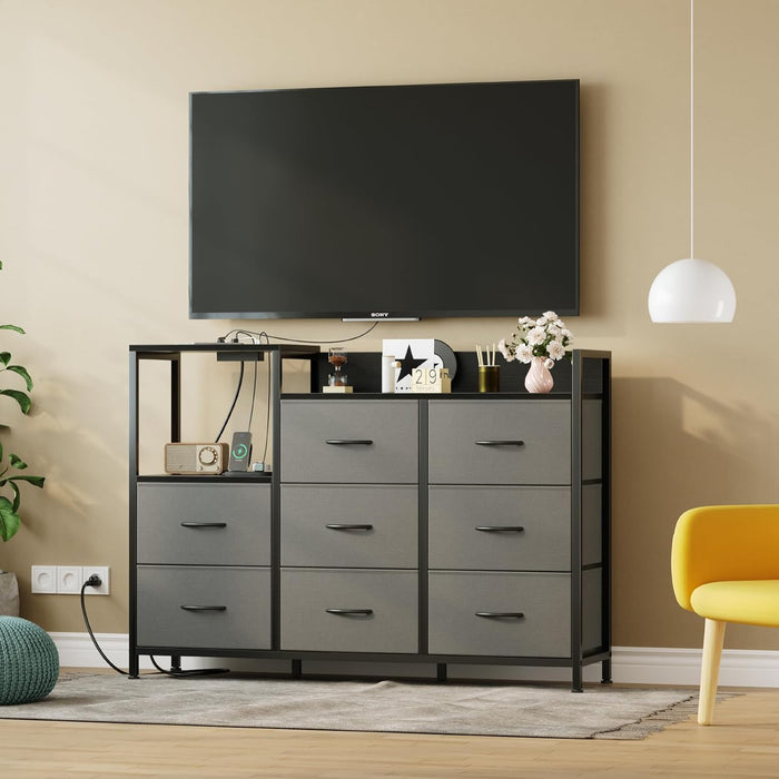 Bigleap 47" TV Stand with 8 Drawers, Entertainment Center with Charging Station, Fabric Dresser Storage Cabinet for Living Room, Bedroom, Gray