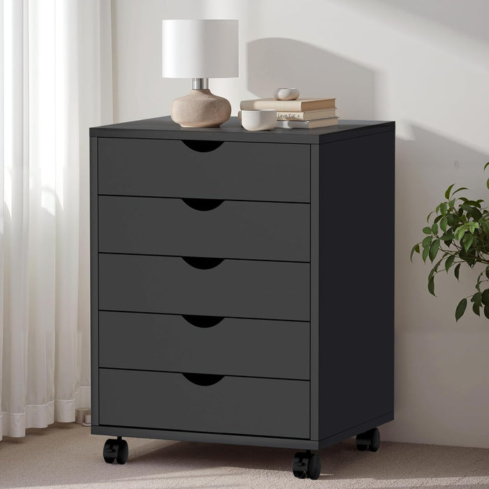 Sybels 5-Drawer Rolling Storage Cart, Mobile File Cabinet & Organizer Dresser with Wheels for Home Office, Wood Chest, Black