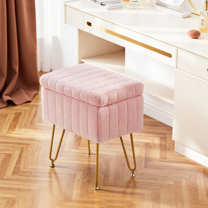 Sybels Storage Vanity Stool with Plush Faux Fur, Adjustable Anti-Slip Makeup Ottoman Bench
