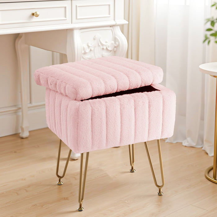 TINKLE WELL Storage Vanity Stool Chair, Soft Faux Fur Makeup Ottoman, Adjustable Anti-Slip Feet, Modern Footrest for Bedroom, Makeup, Entryway