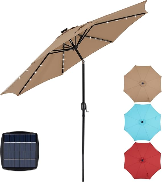 Sybels 10FT Outdoor LED Patio Umbrella, Push Button Tilt & Easy Crank for Pool, Beach, Restaurant, Khaki