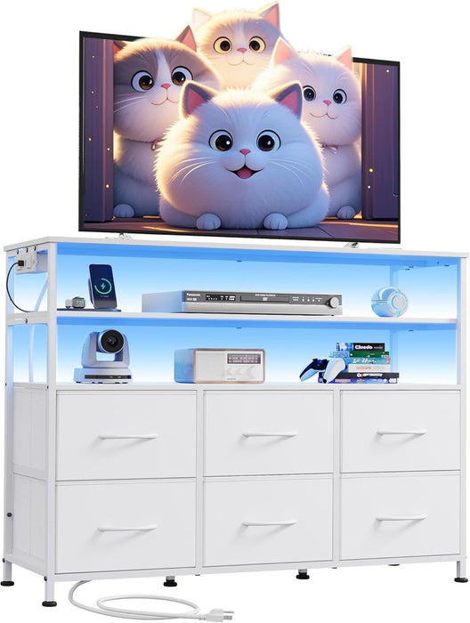 Bigleap TV Stand for 40-45 Inch TVs, 6 Fabric Dresser with RGB LED Lights, Entertainment Center with Charging Station, White