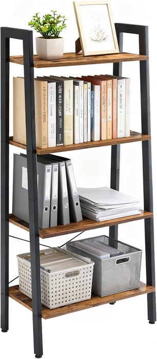 Simenmax 4-Tier Bookshelf, Industrial Ladder Shelf, Space-Saving Storage & Display Bookshelf for Living Room, Bedroom, Office, Brown