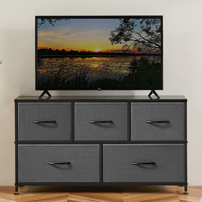 Bigleap 5 Drawer Dresser, Fabric Storage Tower Organizer with Wood Top and Steel Frame for Bedroom, Closet, Hallway, Entryway,Gray