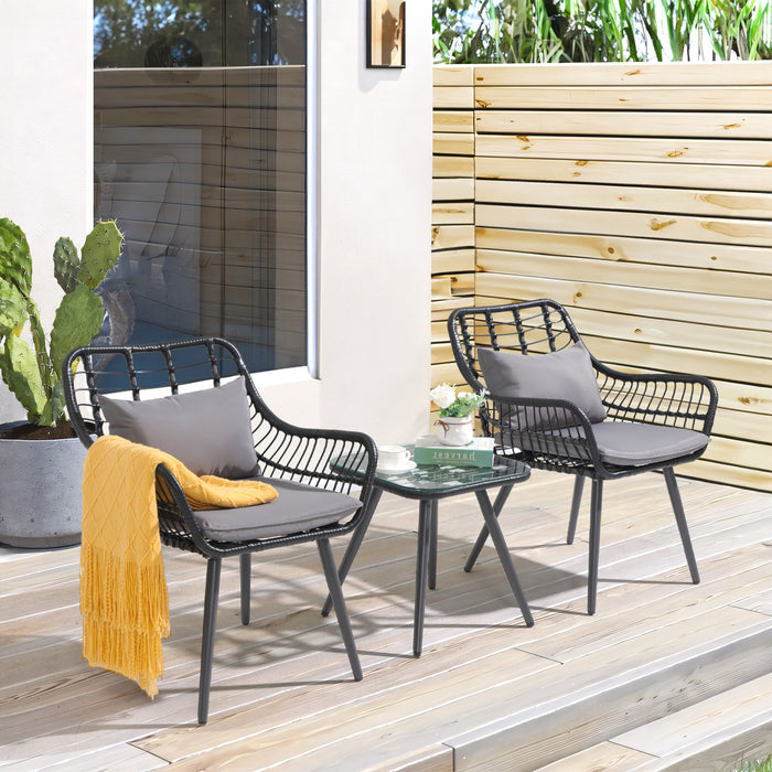 3 Piece Patio Furniture Set, Outdoor Wicker Conversation Chair Sets, All-Weather Rattan Bistro Set with Glass Top Table, Cushions & Lumbar Pillows for Front Porch, Balcony, Deck, Backyard, Poolside