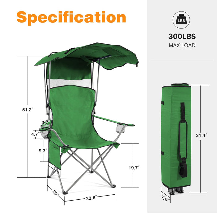 Simenmax Oversized Camping Chair with Sun Canopy - Portable Folding Outdoor Chair with Cup Holders, Side Pocket & Carry Bag, Supports 300 lbs, Green
