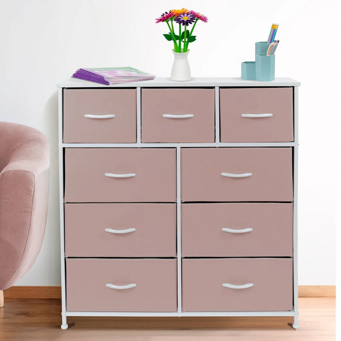 Simenmax 9 Drawers Dresser for Bedroom, Tall Fabric Closet Chests Organizer Tower Furniture with Wooden Top Metal Frame for Bed Room, Living Room, Hallway, Entryway,Pink