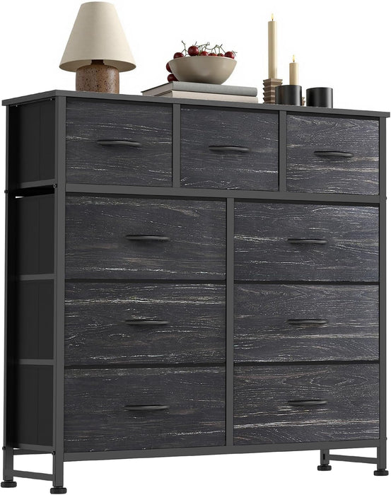 Simenmax 9 Drawers Dresser for Bedroom, Tall Fabric Closet Chests Organizer Tower Furniture with Wooden Top Metal Frame for Bed Room, Living Room, Hallway, Entryway,Black Wood