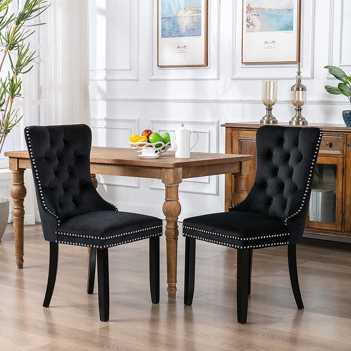 Set of 2 Dining Chairs, High End Velvet Upholstered Dining Chairs, Tufted Dining Chairs with Ring Back and Nailhead Trim-Black
