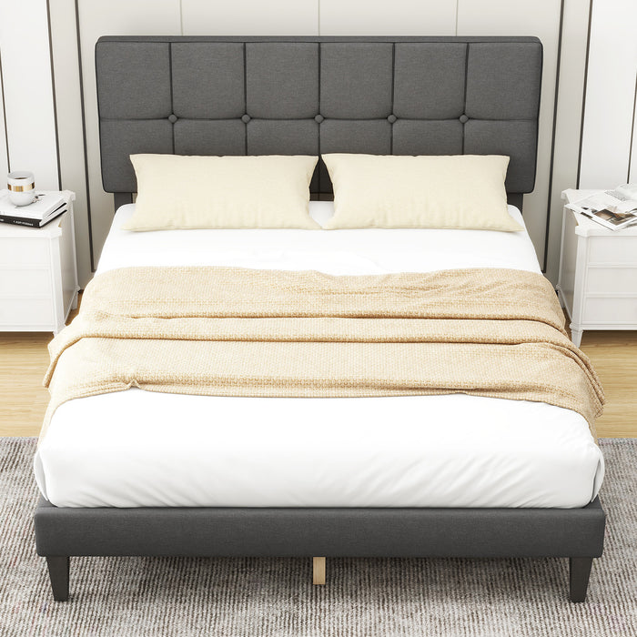 Yangming Full Bed Frame Platform Bed with Linen Fabric Upholstered Headboard and Wooden Slats Support, No Box Spring Needed