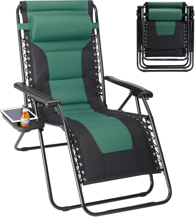 Simenmax Zero Gravity Chairs, 400 lbs Heavy Duty Foldable Patio Recliner with Adjustable Pillow & Cup Holder, Oversized Outdoor Lounge Chair for Backyard Camping Lawn, Black-Green