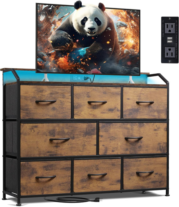 Bigleap LED TV Stand 8-Drawer Dresser with Charging Station, Fabric Chest of Drawers for Bedroom, Living Room, Hallway & Entryway, Brown