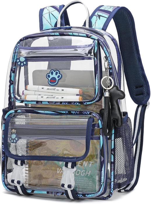 Clear Backpack for Boys, Cute Transparent Heavy Duty Stadium Approved PVC Kids School Book Bags With Free Pendant As Gift, Blue