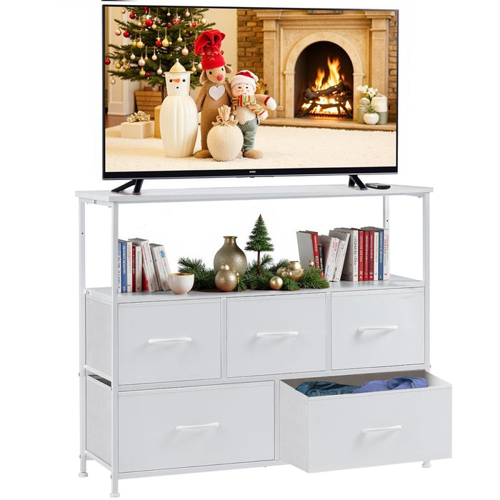 Bigleap TV Stand for Bedroom, TV Dresser for 45 inches, Media Console Table, Entertainment Center with 5 Fabric Drawers Cabinet and Open Storage Shelf Furniture Cabinet for Living Room, White