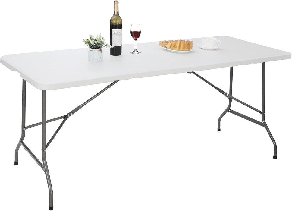Simenmax Folding Table 8 FT Plastic Foldable Table with Portable Carrying Handle for Party Picnic Camping BBQ Dining Kitchen, White