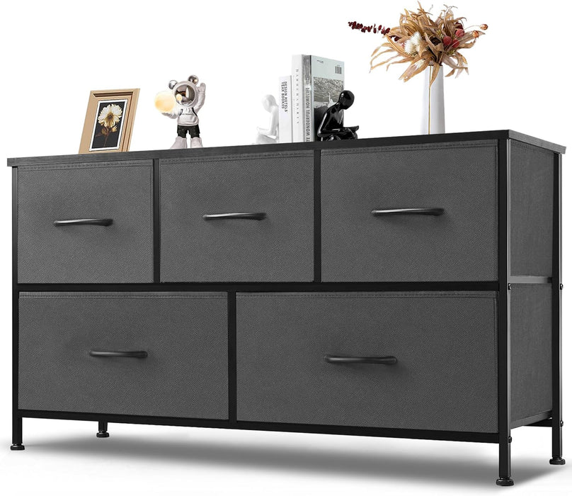 5 Drawer Dresser, Wide Chest Of Drawers Nightstand Storage Tower Storage Dresser Fabric Dresser With Wood Top for Living Room, Bedroom, Hallway, Nursery, Grey