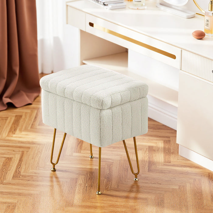 Sybels Storage Vanity Stool with Plush Faux Fur, Adjustable Anti-Slip Makeup Ottoman Bench