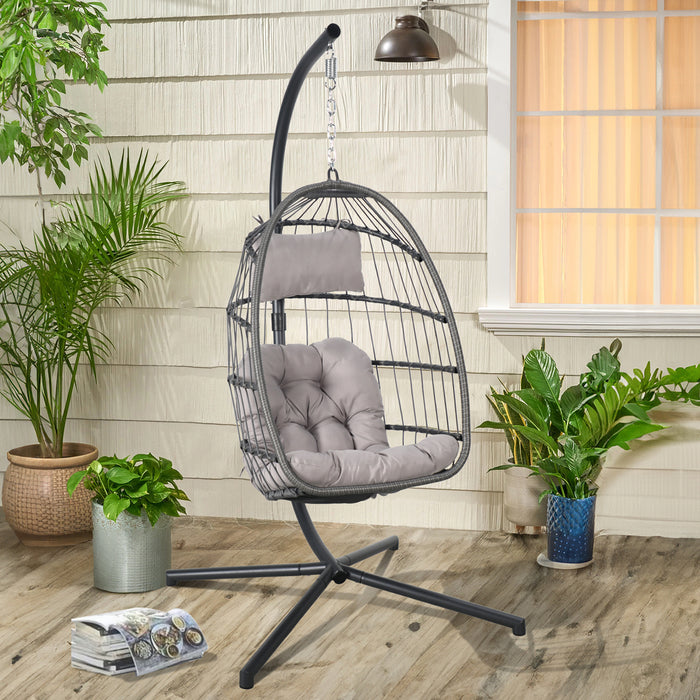 Outdoor Swing Chair, Wicker Egg Chair with Stand and Cushions, Hanging Chair for Bedroom Patio Porch Balcony, Hammock Chair Outdoor Lounger, Light Gray