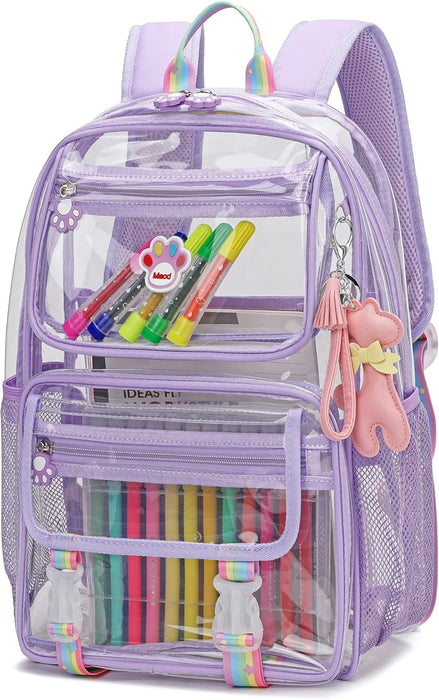 Clear Backpack for Girls, Cute Transparent Heavy Duty Stadium Approved PVC Kids School Book Bags With Free Pendant As Gift, Purple