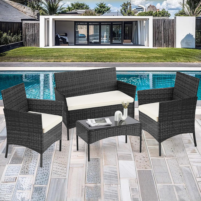 Bigleap Patio Furniture Set 4 Pieces, Outdoor Wicker Furniture with Coffee Table, Modern Rattan Patio Chairs Conversation Sets with Sofa for Garden, Terrace, Porch, Balconies, Lawns,Black
