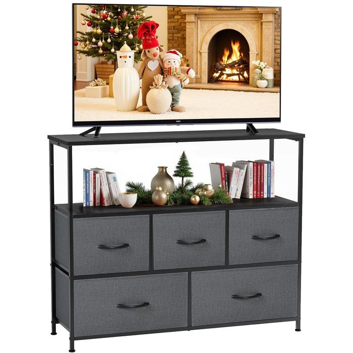 Bigleap TV Stand for Bedroom, TV Dresser for 45 inches, Media Console Table, Entertainment Center with 5 Fabric Drawers Cabinet and Open Storage Shelf Furniture Cabinet for Living Room, Gray