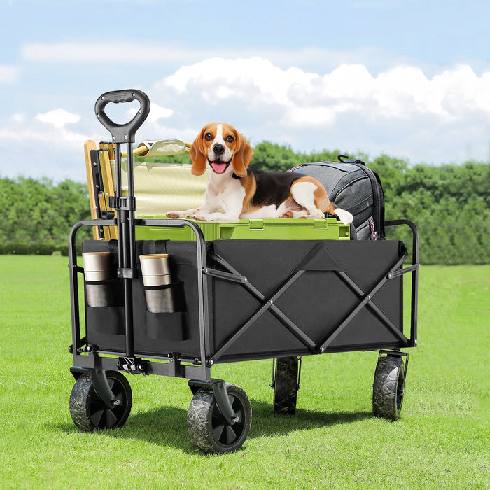 TINKLE WELL All-Terrain Foldable Wagon Cart with Heavy-Duty Wheels, Large Capacity Portable Utility Wagon for Beach, Sand, and Gardening, Featuring Drink Holders