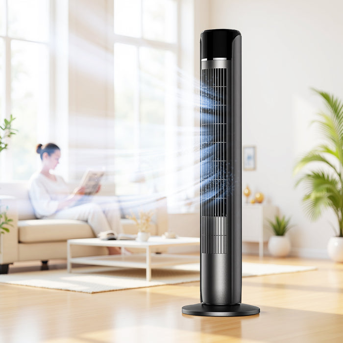 TINKLE WELL 35” Tower Fan, 5 Speeds, 4 Modes, 60° Oscillation, 12H Timer, Child Lock, Portable Cooling Fan for Bedroom, Office, Desk, or Table, Titanium Metallic Black