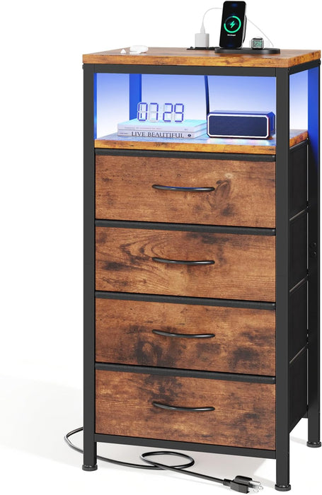 Bigleap Nightstand with Charging Station, 4-Drawer Bedside Table with USB/Type-C Ports, AC Outlets & LED Light Strip, Adjustable Feet, Brown