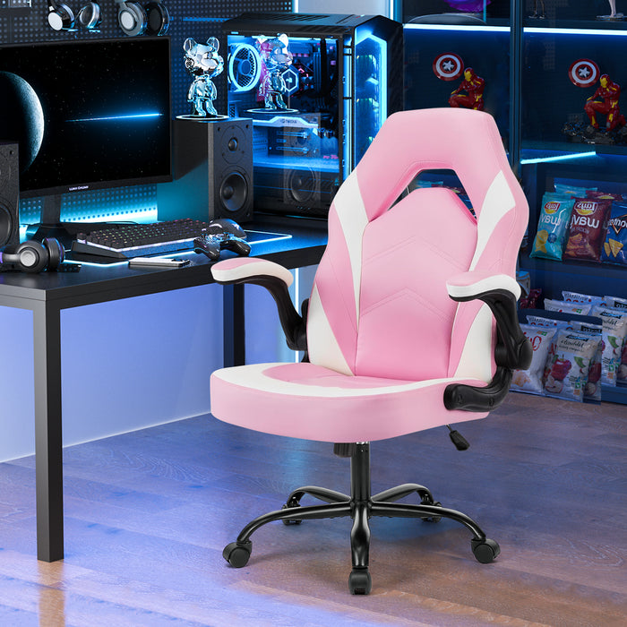 Simenmax Gaming Chair, Ergonomic Office Leather Racing Chair with Flip-up Armrest, White Pink